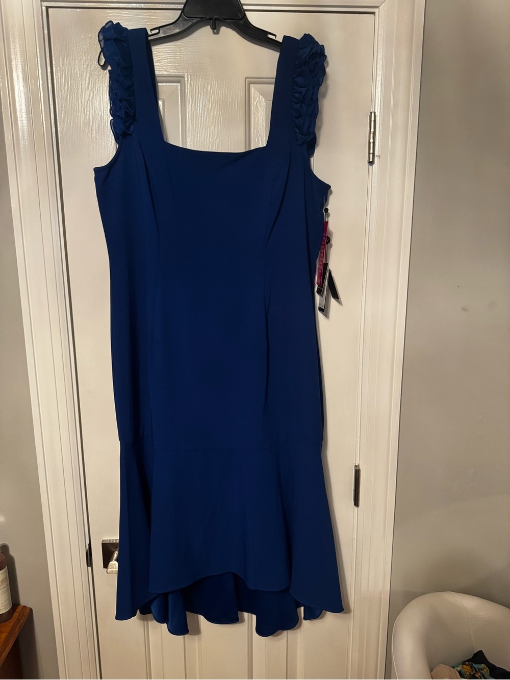 Adrianna Papell Women’s Satin Crepe Blue Ruffle-Shoulder High-Low Dress